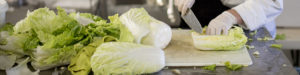 Man chopping cabbage in industrial kitchen